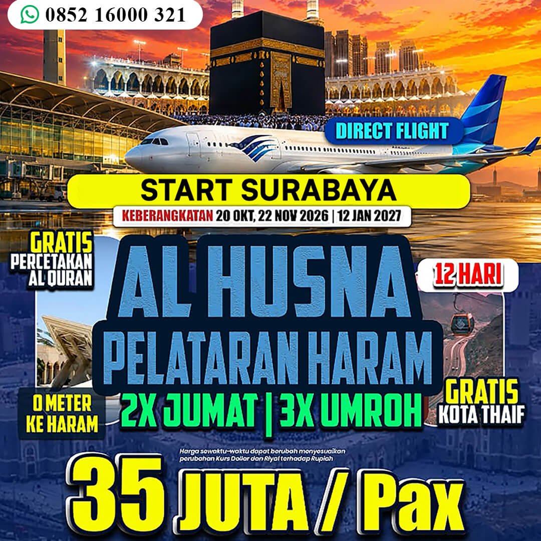 umroh surabaya jannah firdaus paket alhusna 12 hari hotel pelataran 1448 hijriah