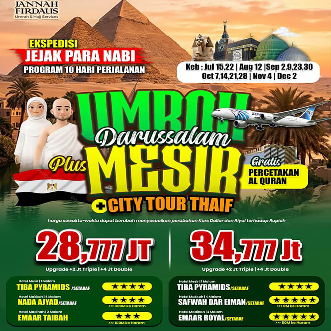 umroh plus mesir 2026 jannah firdaus tour travel 10 hari darussalam