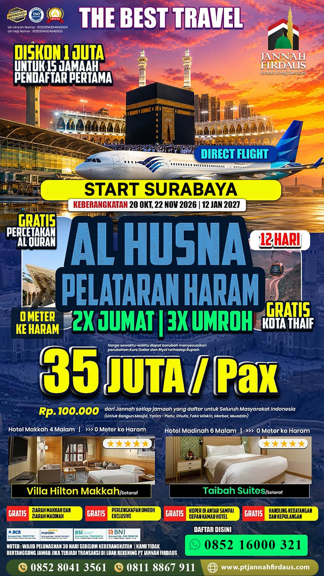 Harga Umroh Surabaya 2026 2027 2 umroh surabaya jannah firdaus paket alhusna hotel pelataran 1448 hijriah