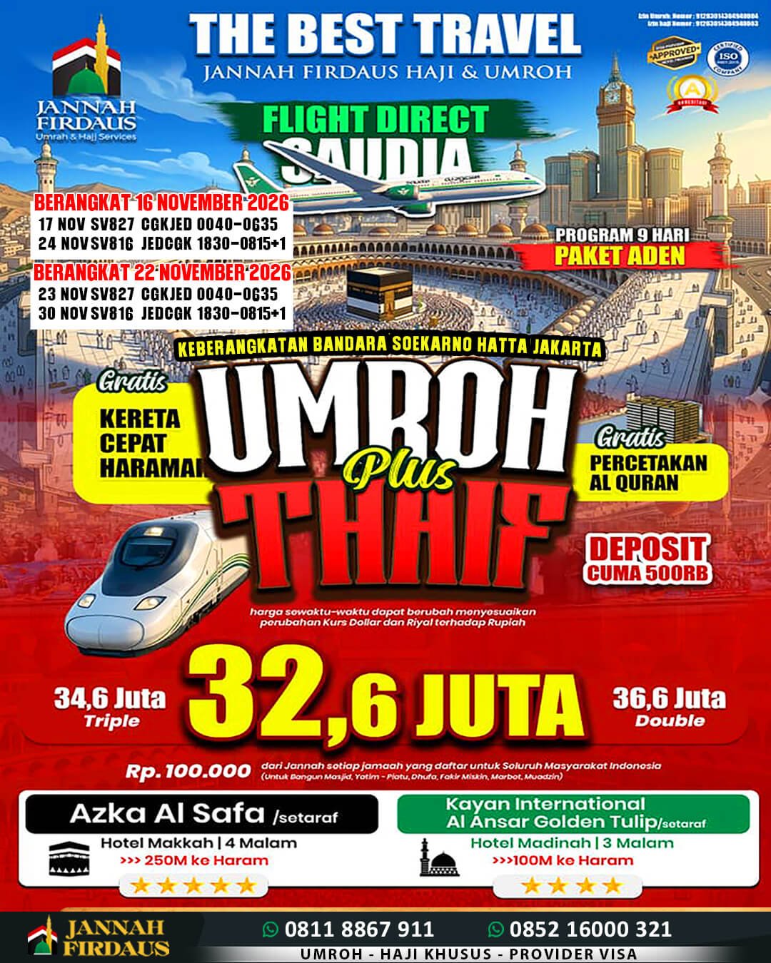 Biaya Umroh 2026 Murah Jaminan Pasti Berangkat 15 jannah firdaus paket aden 16 november 2026 dan 22 november 2026