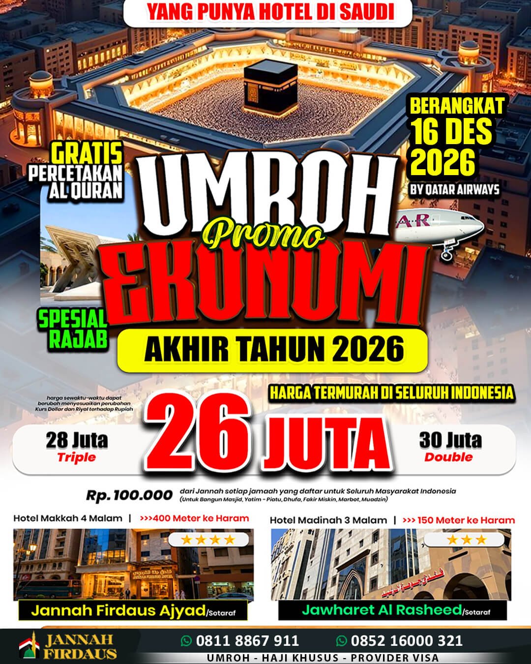 Biaya Umroh 2026 Murah Jaminan Pasti Berangkat 31 jannah firdaus paket ekonomis 16 desember 2026
