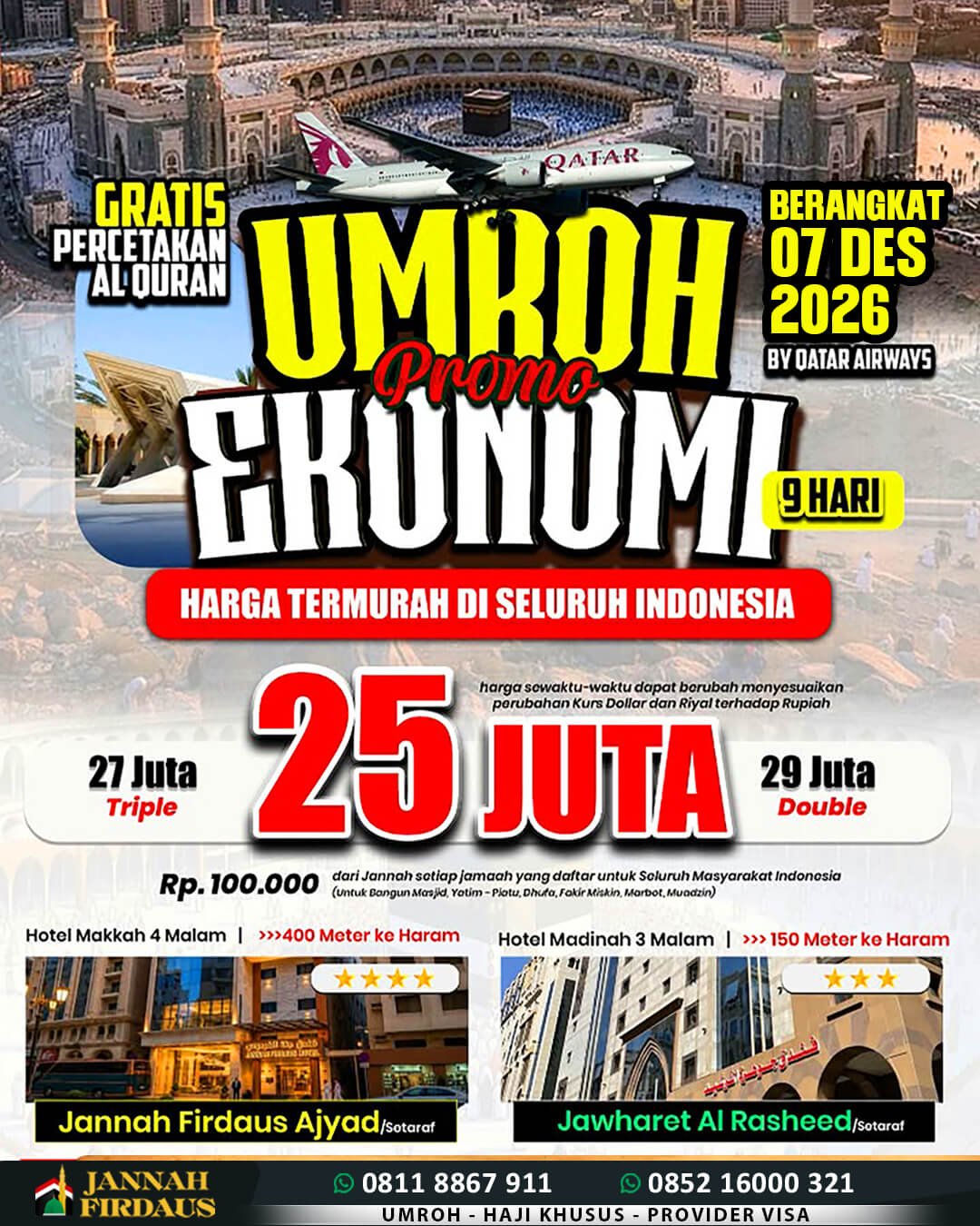 Biaya Umroh 2026 Murah Jaminan Pasti Berangkat 23 jannah firdaus paket ekonomis 7 desember 2026