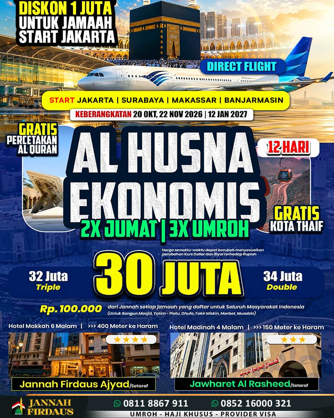 Biaya Umroh 2026 Murah Jaminan Pasti Berangkat 19 jannah firdaus umroh 12 hari ekonomis 1448 hijriah direct flight