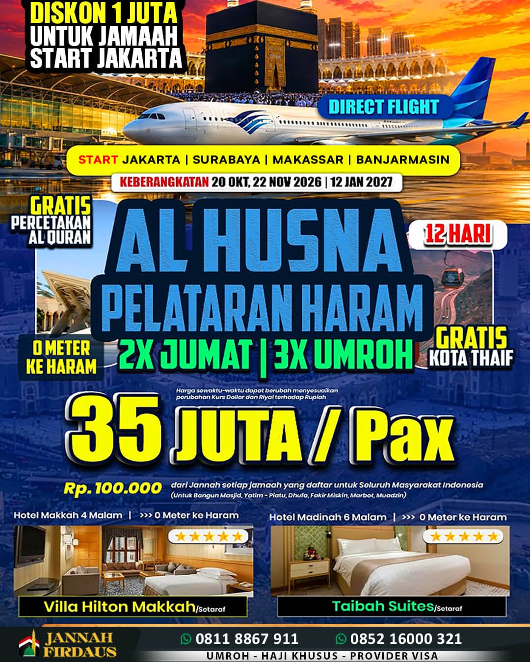 Biaya Umroh 2026 Murah Jaminan Pasti Berangkat 20 jannah firdaus umroh 12 hari pelataran 1448 hijriah direct flight