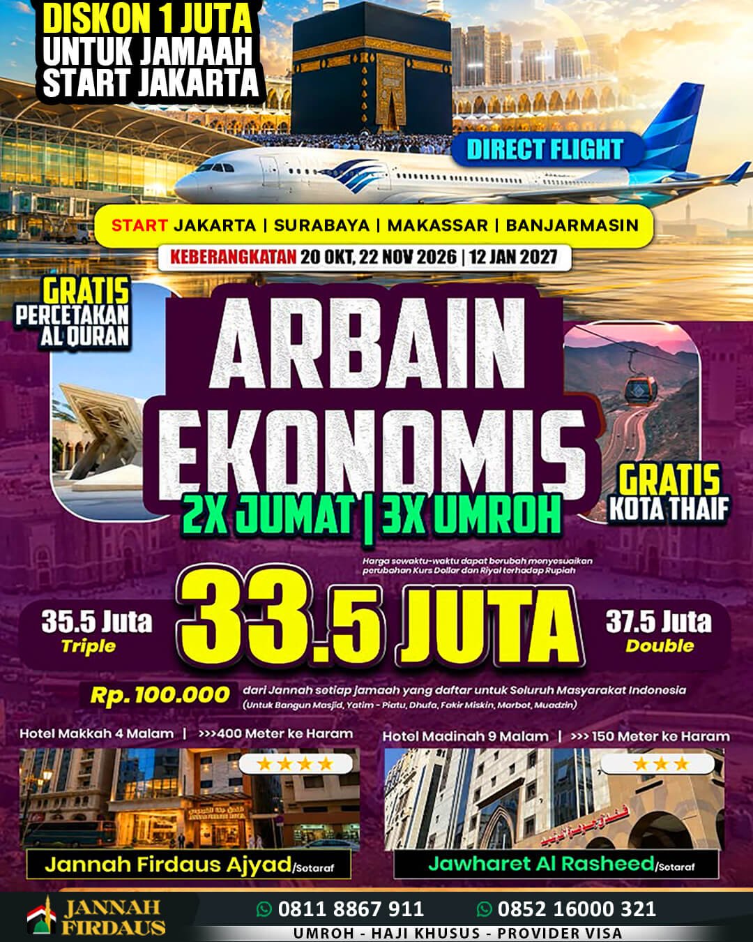 Biaya Umroh 2026 Murah Jaminan Pasti Berangkat 21 jannah firdaus umroh 16 hari ekonomis 1448 hijriah direct fligh