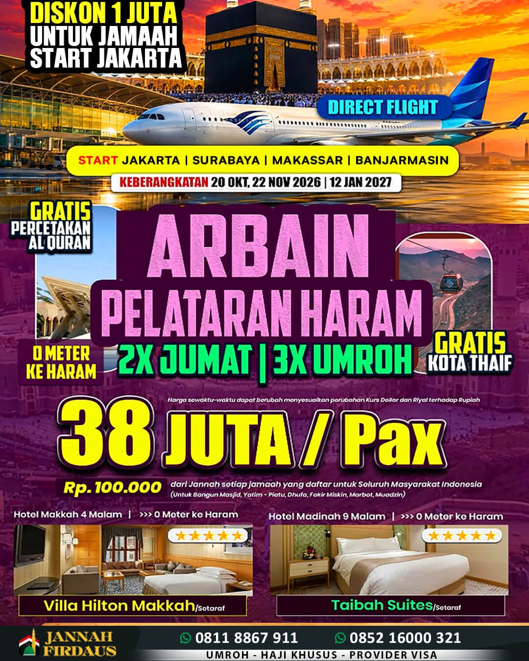 Biaya Umroh 2026 Murah Jaminan Pasti Berangkat 22 jannah firdaus umroh 16 hari pelataran 1448 hijriah direct flight